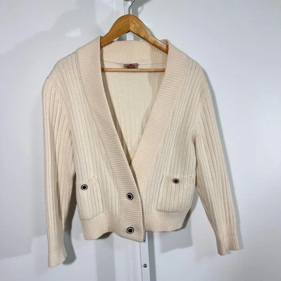 Bleyé Italy Cream Ribbed Wool Blend Cardigan Cropped V Neck Old Money Minimalist - Picture 1 of 9